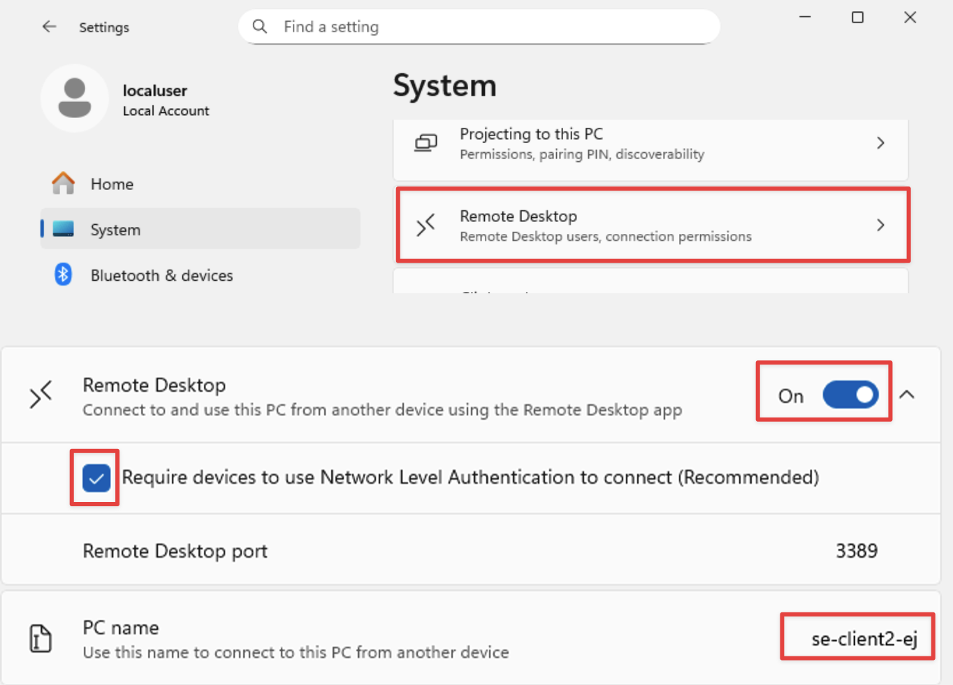 Make a note of the hostname Remote Desktop Settings