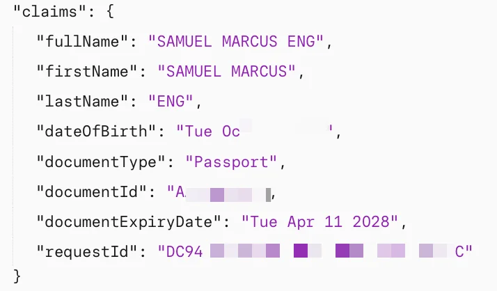 Verified ID claims sent to the account recovery validation API